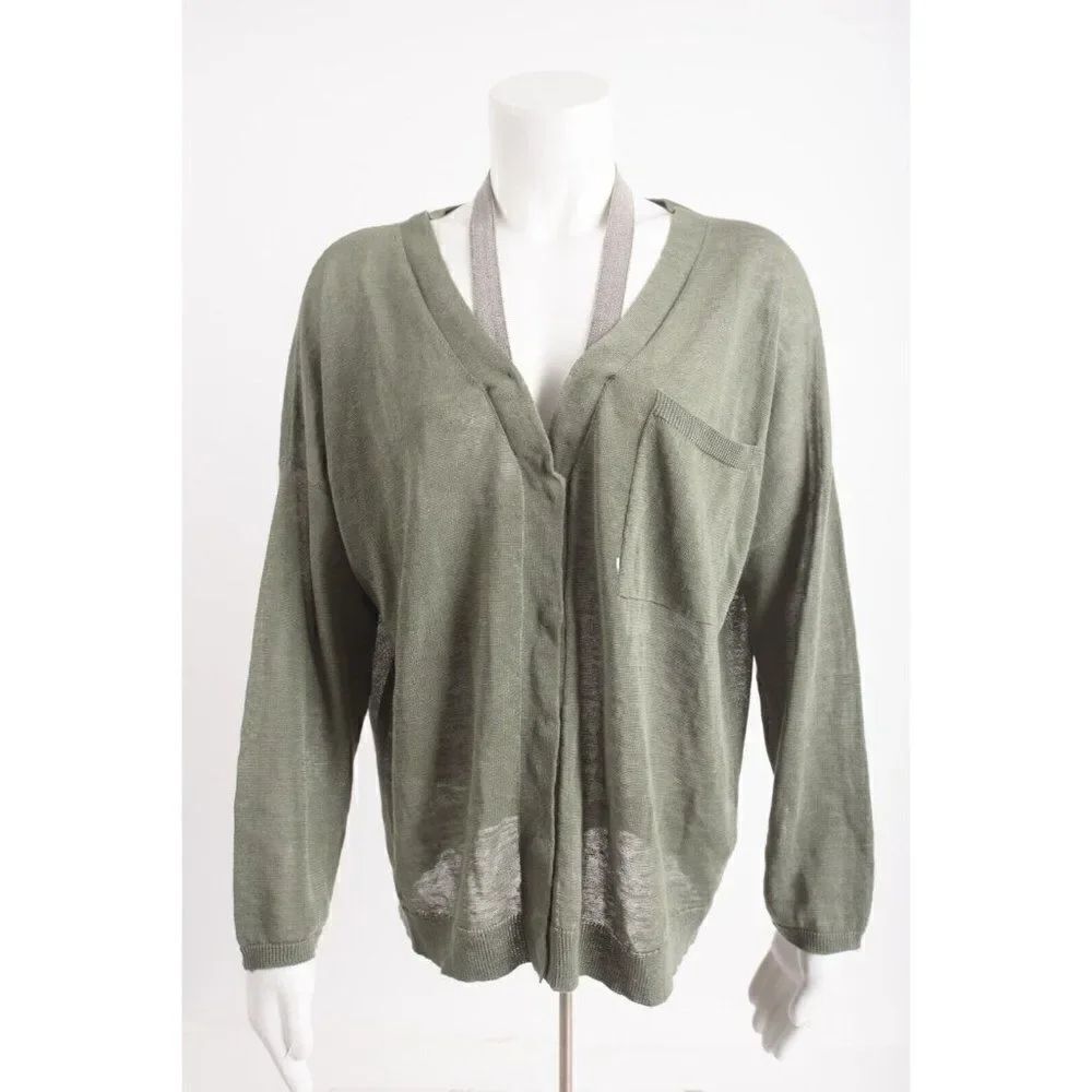 Brunello Cucinelli Womens Green Cardigan Sweater Embellished Collar M Linen NWT